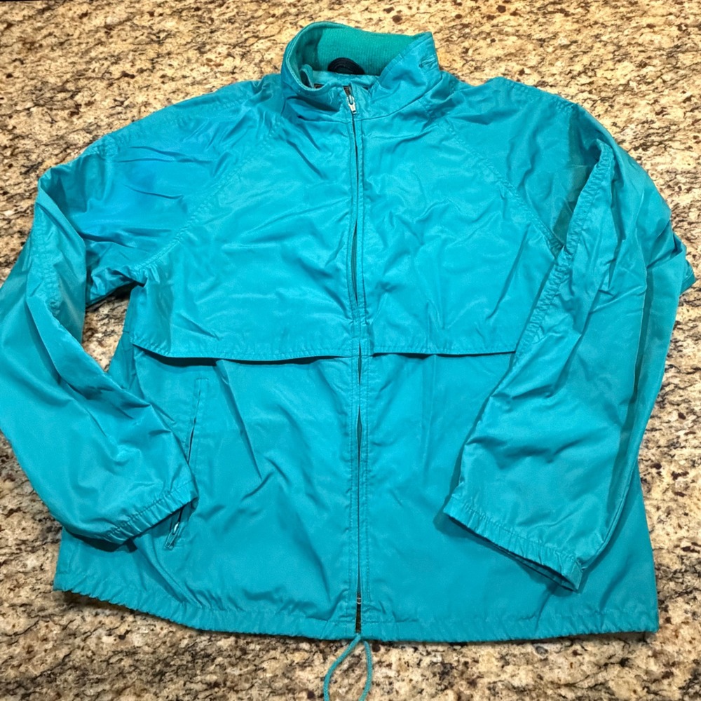 Vintage Eddie Bauer Mens Teal Windbreaker Jacket Packable Hood Large Full Zip